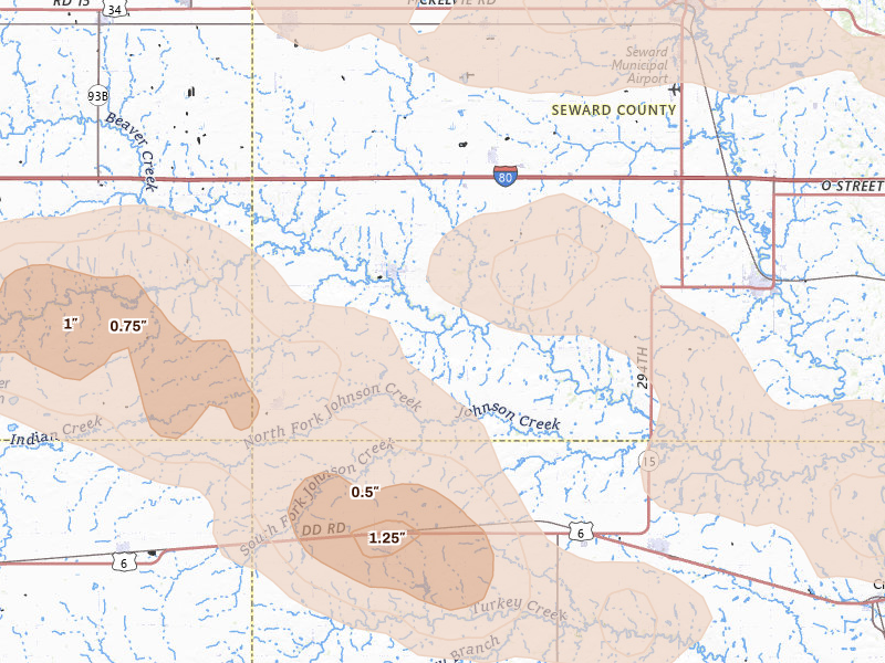 Radar-estimated hail-size map of the storm over Beaver Crossing, NE on Jul 8, 2026