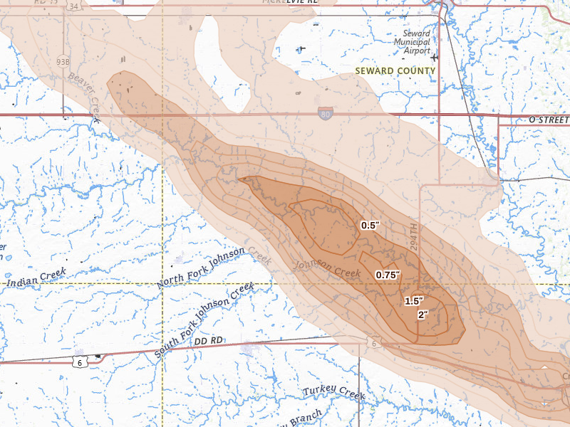 Radar-estimated hail-size map of the storm over Beaver Crossing, NE on Aug 17, 2026