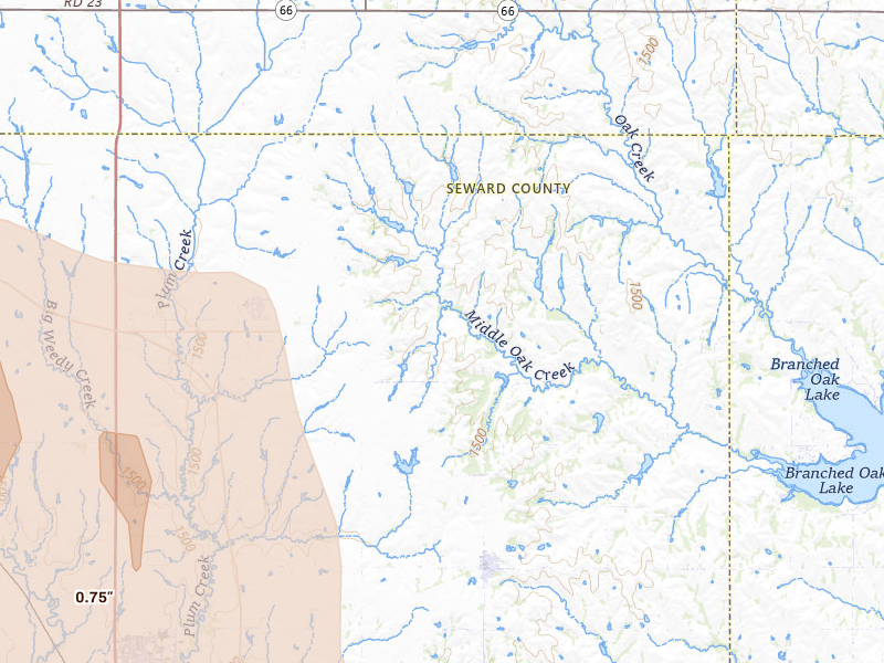 Radar-estimated hail-size map of the storm over Bee, NE on Apr 25, 2026