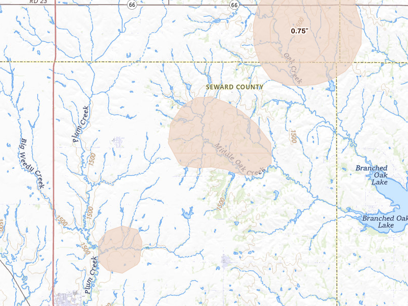 Radar-estimated hail-size map of the storm over Bee, NE on May 17, 2026
