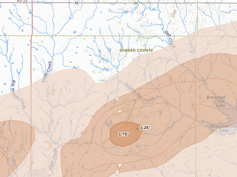 Radar-estimated hail-size map of the storm over Bee, NE on Jun 10, 2026