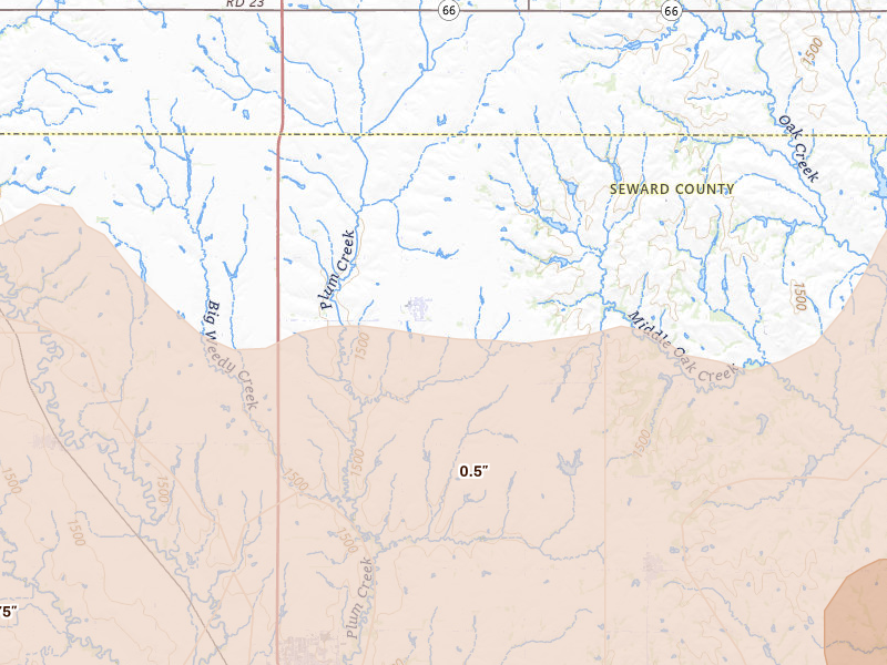 Radar-estimated hail-size map of the storm over Bee, NE on Aug 19, 2026