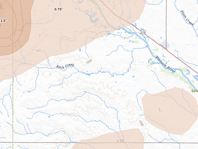 Radar-estimated hail-size map of the storm over Beemer, NE on May 17, 2026