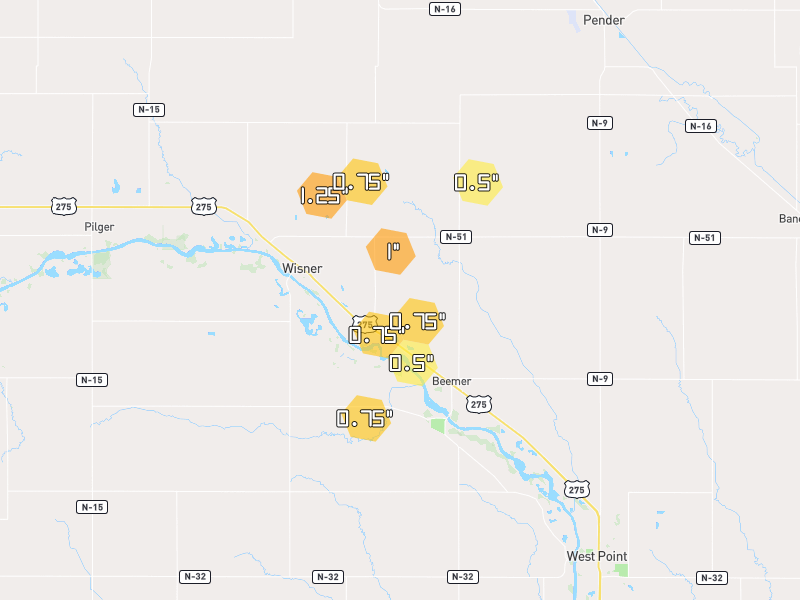 Hail map of Beemer, NE on Jul 3, 2026, hail up to 1.25"