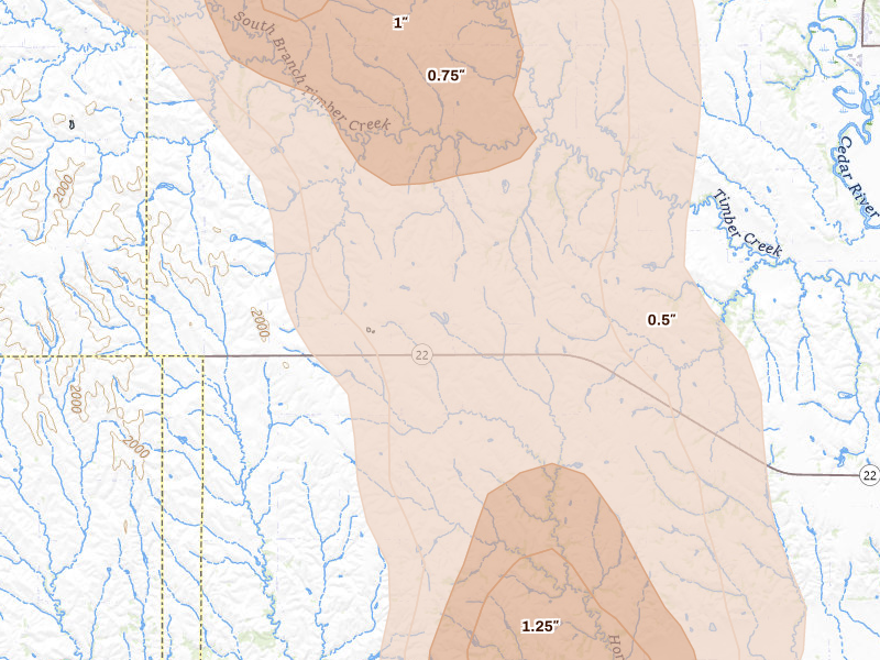 Radar-estimated hail-size map of the storm over Belgrade, NE on May 16, 2026