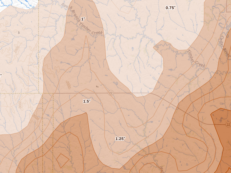 Radar-estimated hail-size map of the storm over Belgrade, NE on May 17, 2026