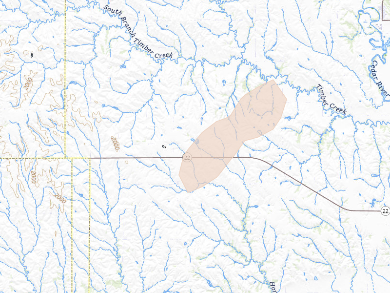 Radar-estimated hail-size map of the storm over Belgrade, NE on Jun 12, 2026