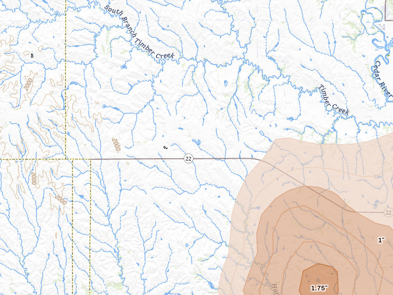 Radar-estimated hail-size map of the storm over Belgrade, NE on Jul 8, 2026