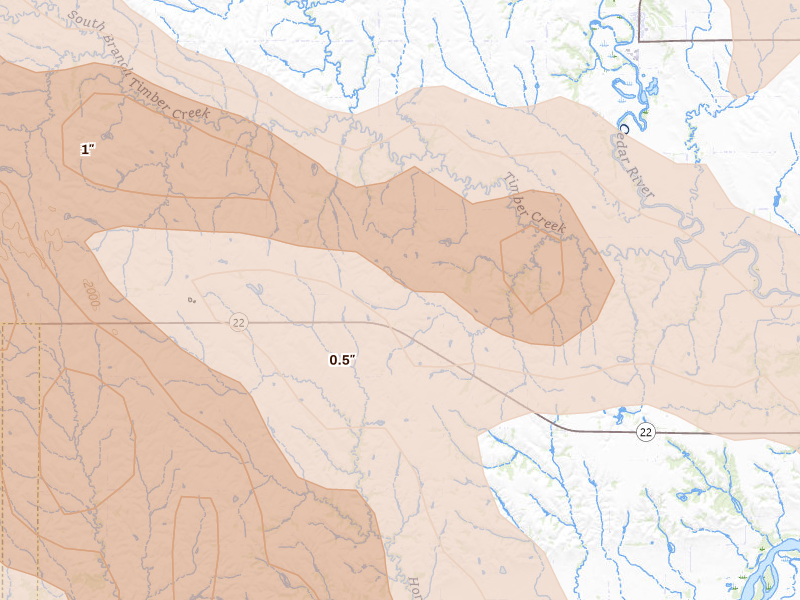 Radar-estimated hail-size map of the storm over Belgrade, NE on Aug 19, 2026
