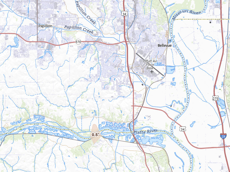 Radar-estimated hail-size map of the storm over Bellevue, NE on Mar 5, 2026