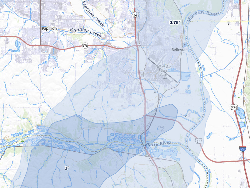 NEXRAD radar-signature map of the hail storm over Bellevue, NE on Mar 5, 2026