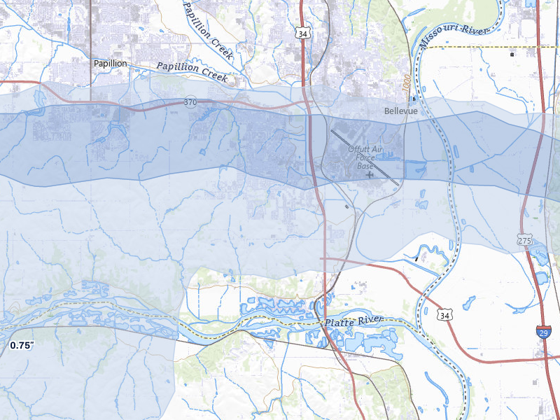 NEXRAD radar-signature map of the hail storm over Bellevue, NE on Apr 9, 2026