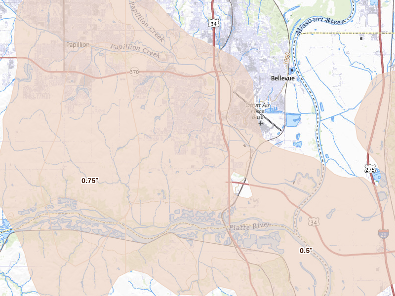 Radar-estimated hail-size map of the storm over Bellevue, NE on May 17, 2026