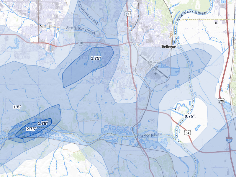 NEXRAD radar-signature map of the hail storm over Bellevue, NE on May 17, 2026