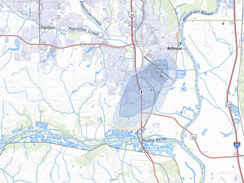 NEXRAD radar-signature map of the hail storm over Bellevue, NE on May 31, 2026