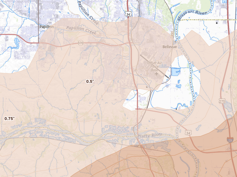 Radar-estimated hail-size map of the storm over Bellevue, NE on Jun 5, 2026