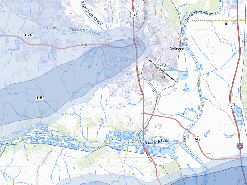 NEXRAD radar-signature map of the hail storm over Bellevue, NE on Jun 5, 2026