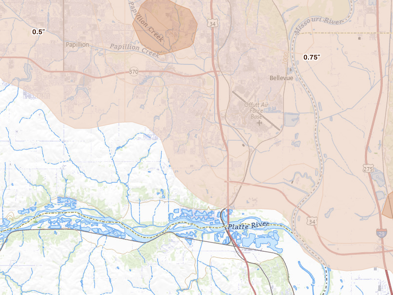 Radar-estimated hail-size map of the storm over Bellevue, NE