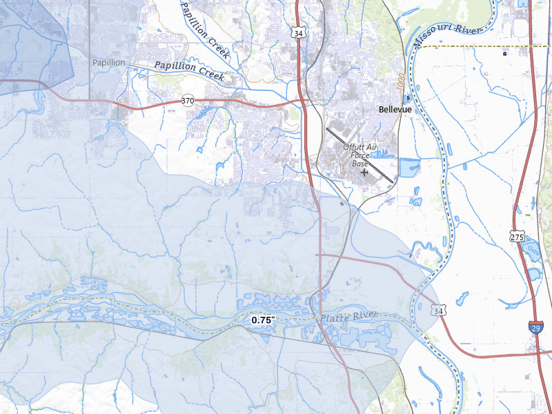 NEXRAD radar-signature map of the hail storm over Bellevue, NE on Jul 8, 2026