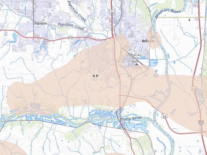 Radar-estimated hail-size map of the storm over Bellevue, NE on Aug 4, 2026
