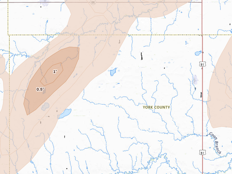 Radar-estimated hail-size map of the storm over Benedict, NE on May 16, 2026