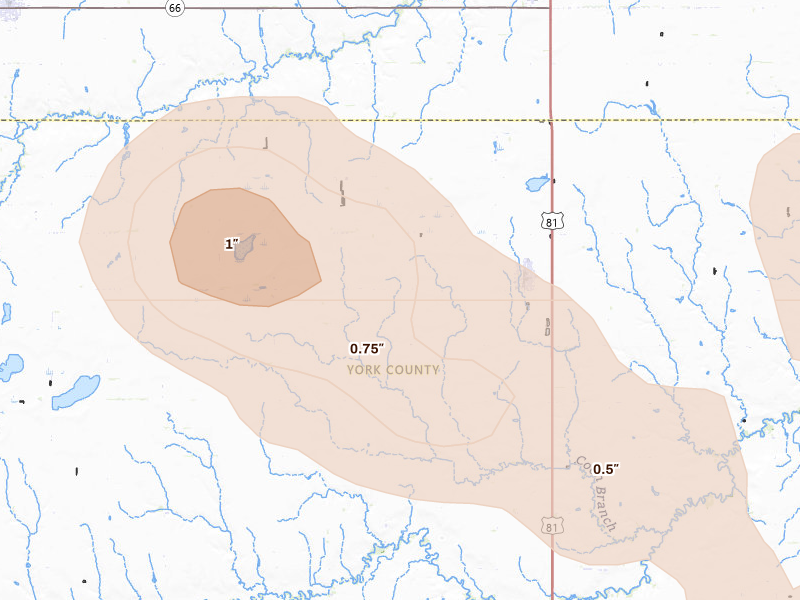 Radar-estimated hail-size map of the storm over Benedict, NE on Aug 17, 2026