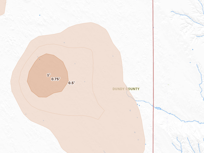 Radar-estimated hail-size map of the storm over Benkelman, NE on Jun 24, 2026