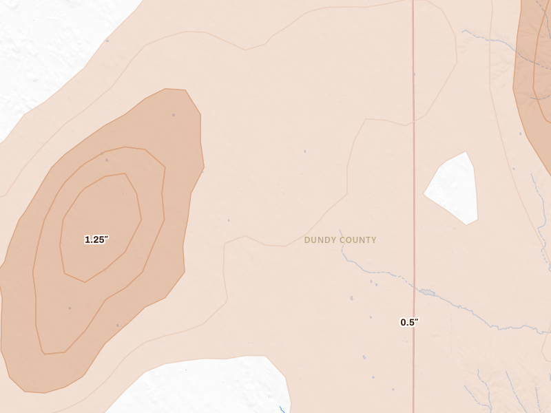 Radar-estimated hail-size map of the storm over Benkelman, NE on Jul 2, 2026
