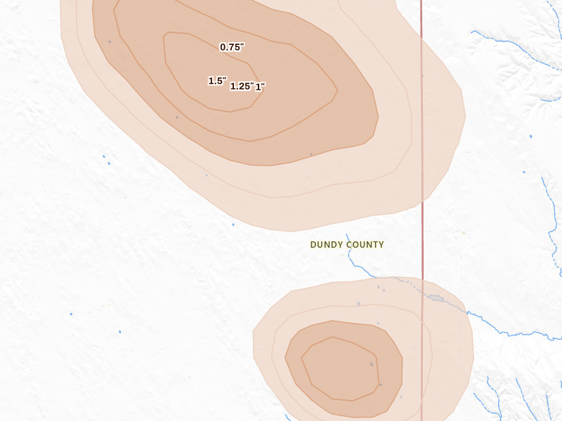 Radar-estimated hail-size map of the storm over Benkelman, NE on Jul 27, 2026