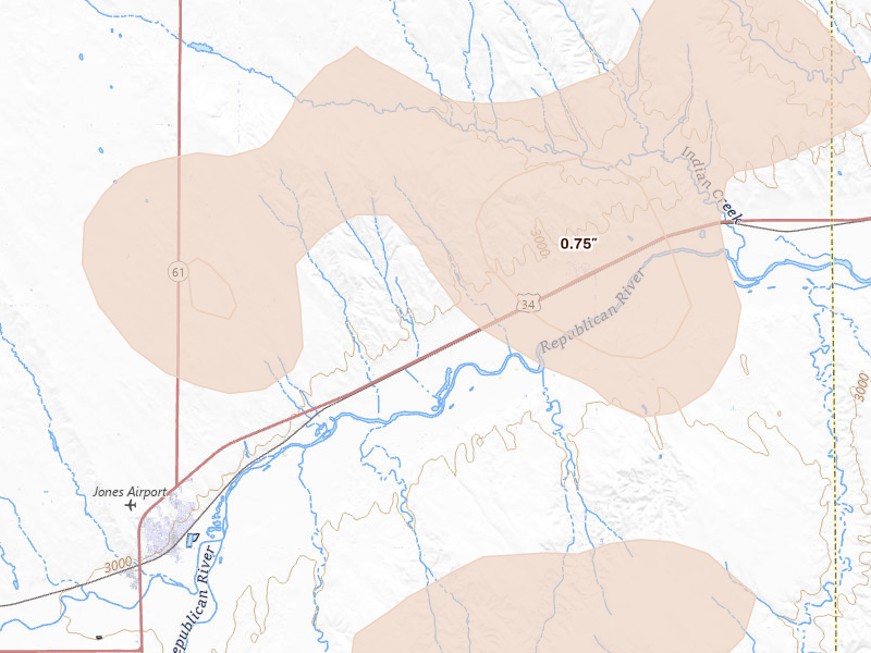 Radar-estimated hail-size map of the storm over Benkelman, NE on Aug 14, 2026