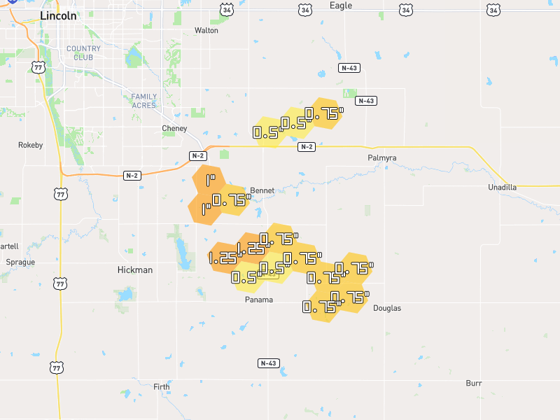 Hail map of Bennet, NE on Jun 6, 2026, hail up to 1.25"