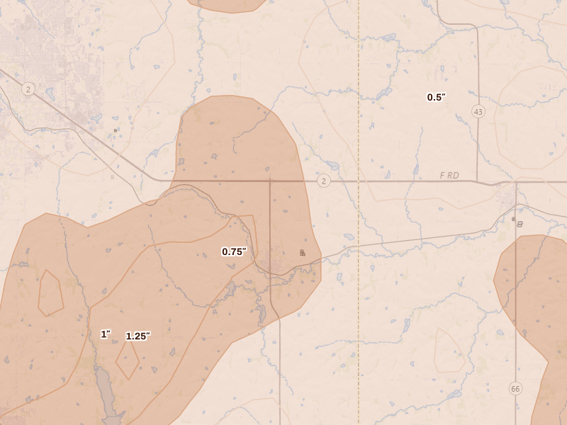 Radar-estimated hail-size map of the storm over Bennet, NE on Jun 10, 2026