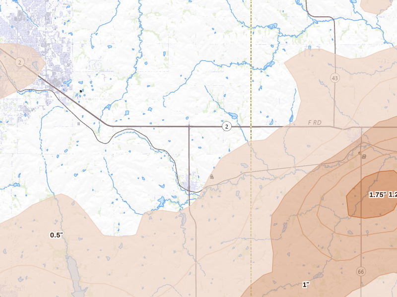 Radar-estimated hail-size map of the storm over Bennet, NE on Jul 3, 2026