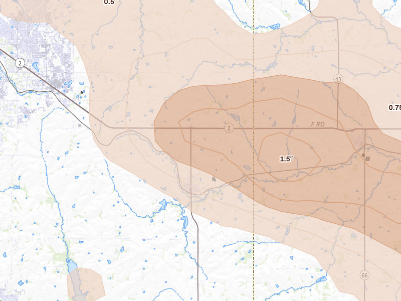 Radar-estimated hail-size map of the storm over Bennet, NE on Aug 19, 2026