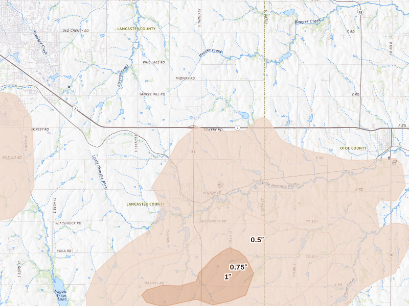 Radar-estimated hail-size map of the storm over Bennet, NE