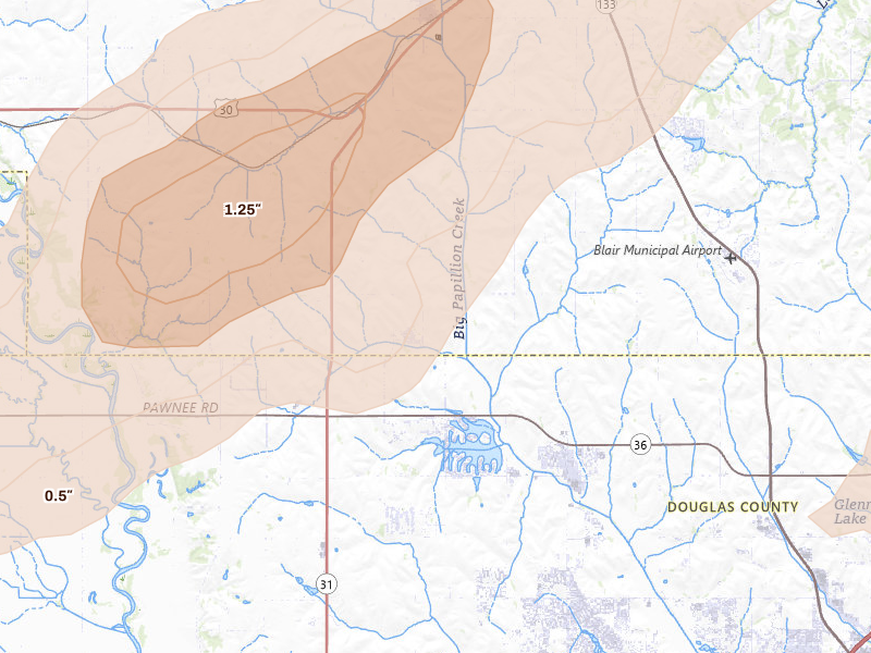 Radar-estimated hail-size map of the storm over Bennington, NE on Apr 23, 2026