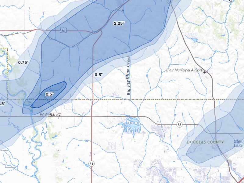 NEXRAD radar-signature map of the hail over Bennington, NE