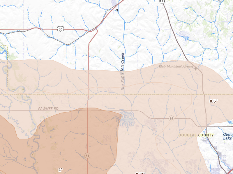 Radar-estimated hail-size map of the storm over Bennington, NE