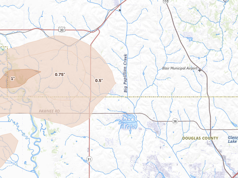 Radar-estimated hail-size map of the storm over Bennington, NE on Jul 3, 2026