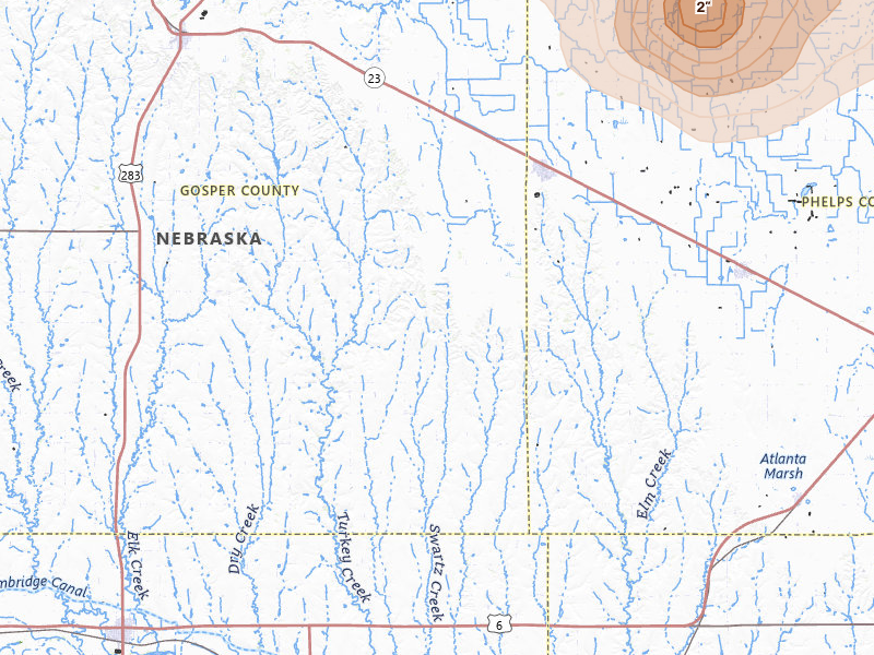 Radar-estimated hail-size map of the storm over Bertrand, NE on May 16, 2026