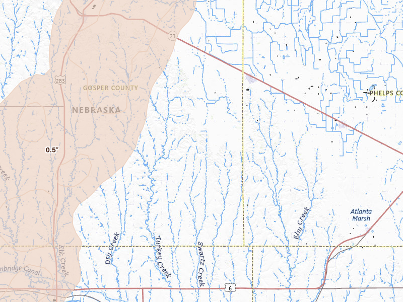 Radar-estimated hail-size map of the storm over Bertrand, NE on May 30, 2026