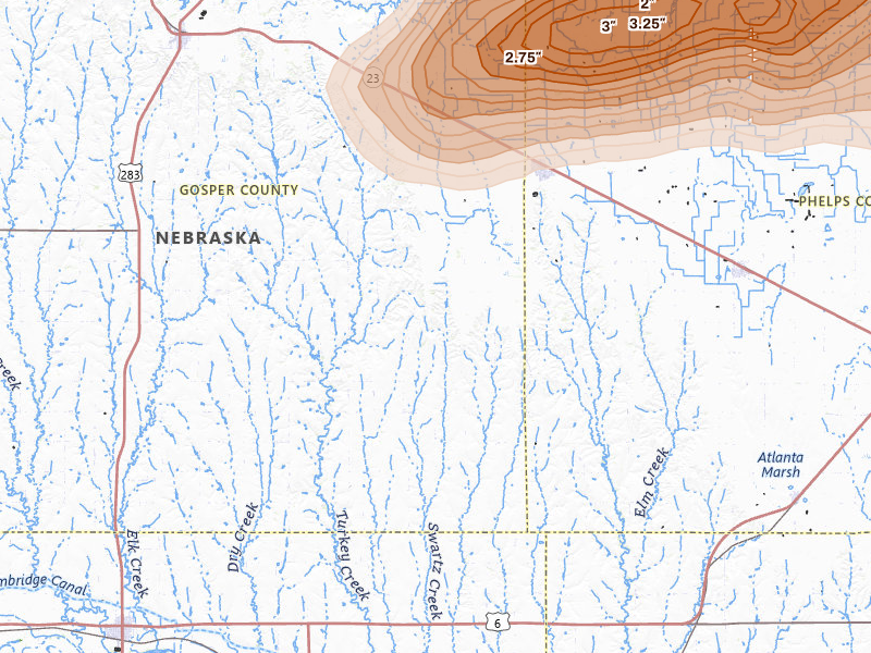 Radar-estimated hail-size map of the storm over Bertrand, NE on Jun 10, 2026