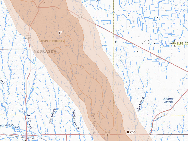 Radar-estimated hail-size map of the storm over Bertrand, NE on Jun 24, 2026