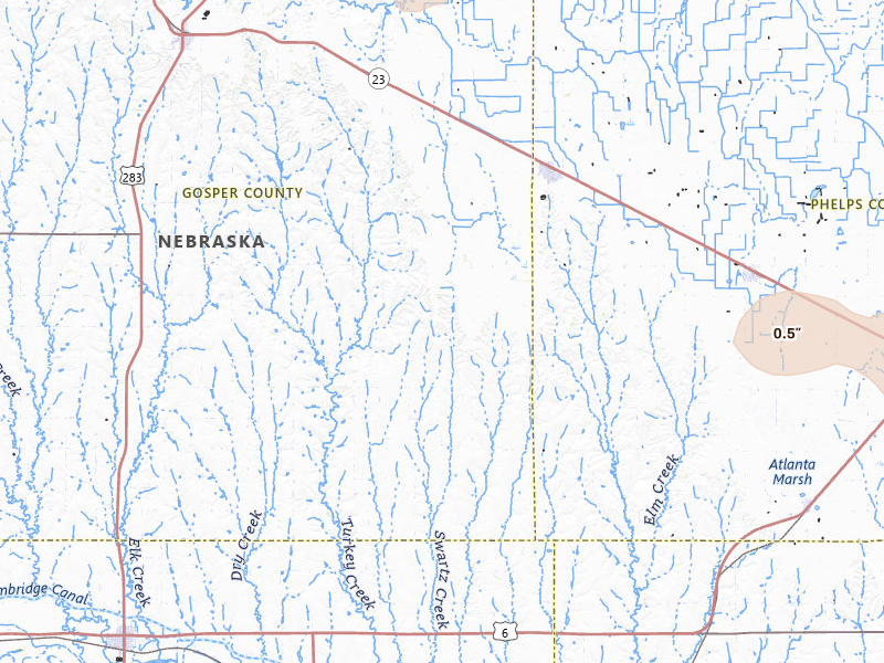 Radar-estimated hail-size map of the storm over Bertrand, NE on Jul 30, 2026