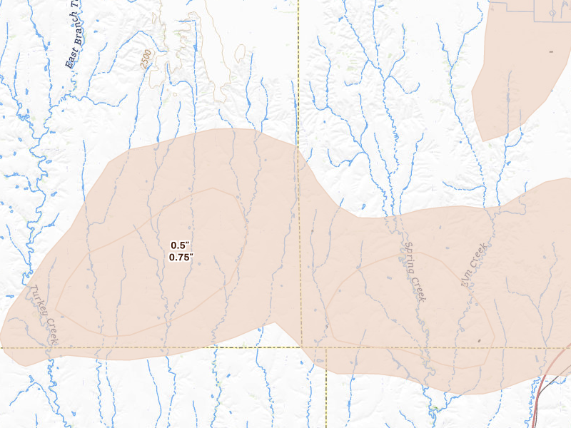 Radar-estimated hail-size map of the storm over Bertrand, NE on Aug 13, 2026