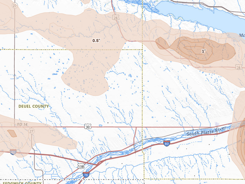 Radar-estimated hail-size map of the storm over Big Springs, NE on Jun 24, 2026