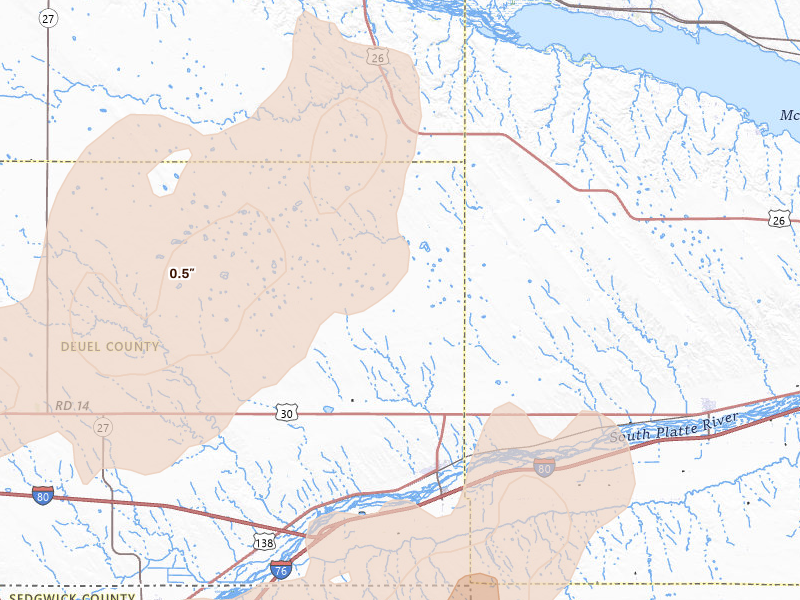 Radar-estimated hail-size map of the storm over Big Springs, NE on Jun 30, 2026