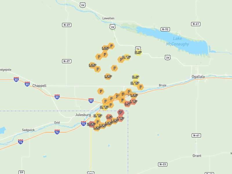 Hail map of Big Springs, NE on Jul 1, 2026, hail up to 2.25"