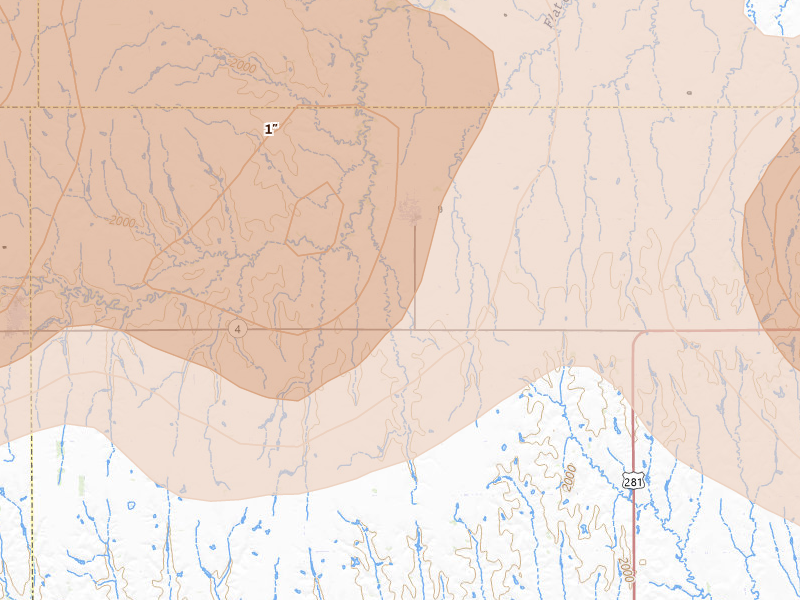 Radar-estimated hail-size map of the storm over Bladen, NE on May 16, 2026