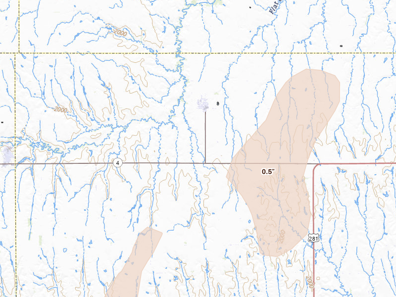 Radar-estimated hail-size map of the storm over Bladen, NE on Jul 1, 2026